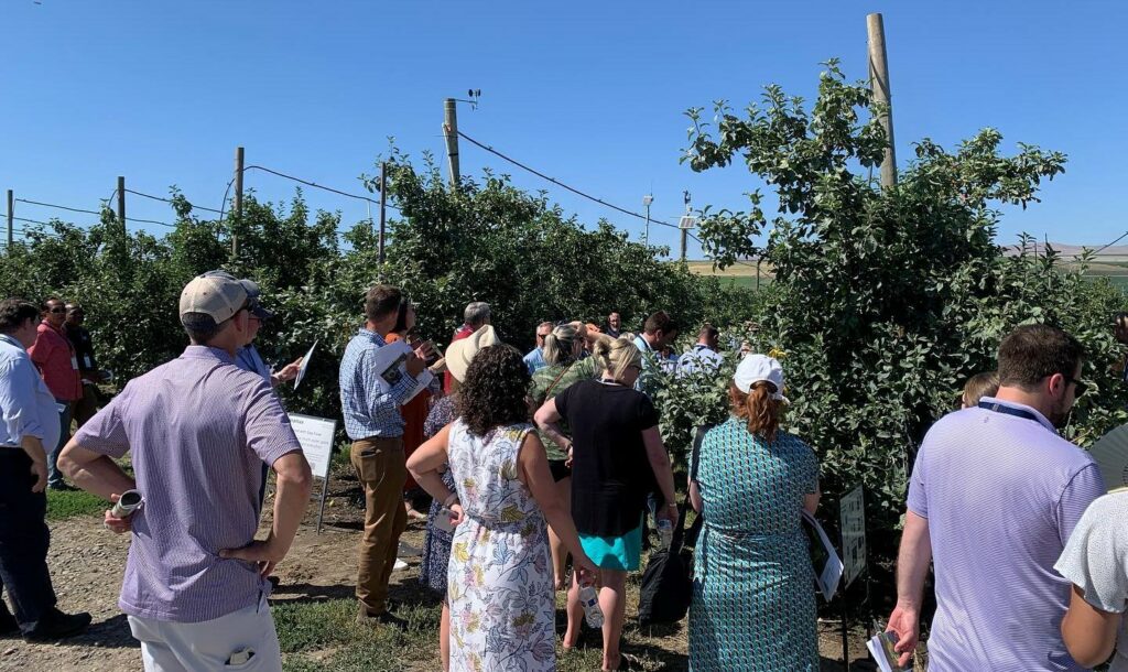 Washington fruit industry attendees gather around to learn about new orchard technologies such as Hectre's Spectre fruit sizing AI