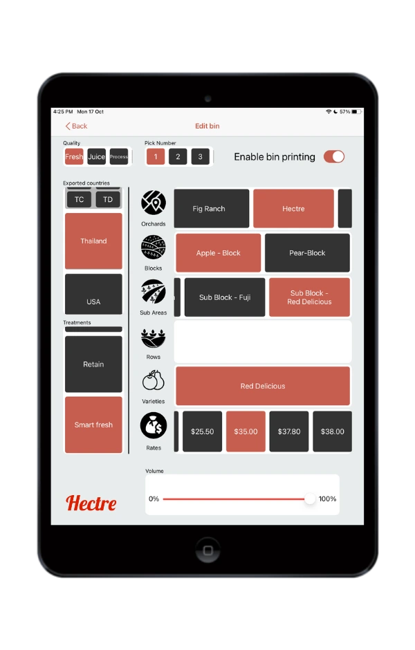 Ipad showing Hectre Orchard Management App