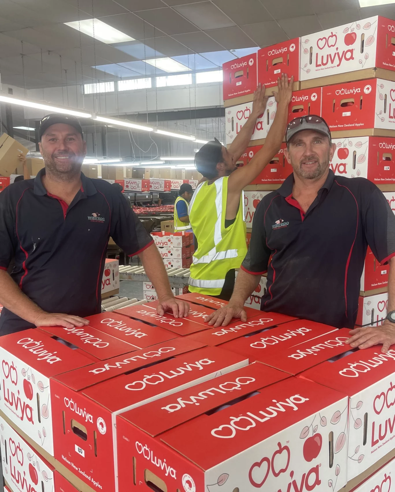 Two men stand behind cartons of apples in a warehouse.