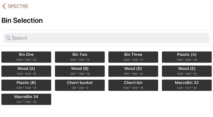 Image from the Spectre dashboard displaying bin names and dimensions
